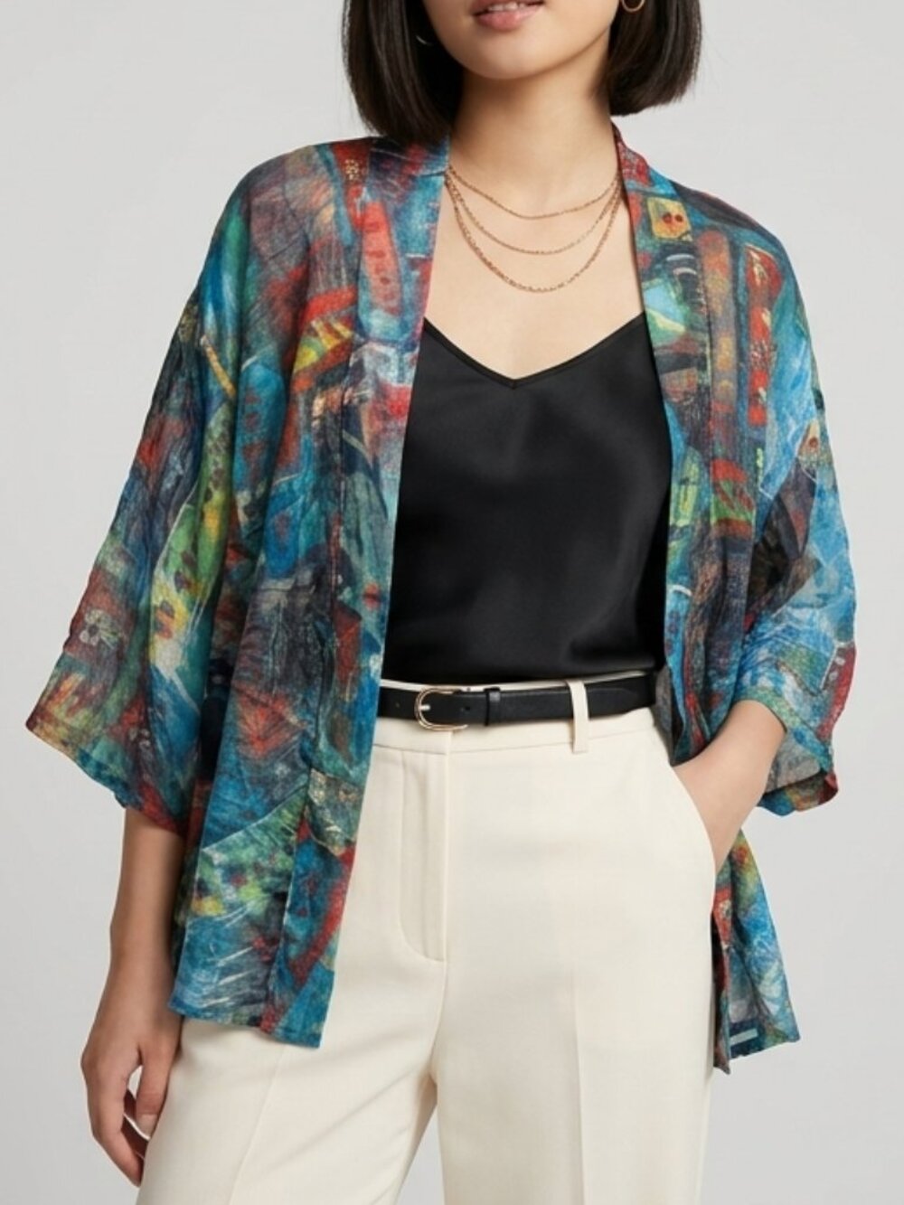 Chico's 100% Silk Abstract Neon Asian art City Sign Open Front Kimono Cardigan M
